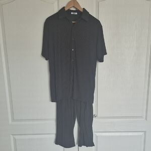Men's Black Ribbed Textured Button Down Shirt & Pants Set